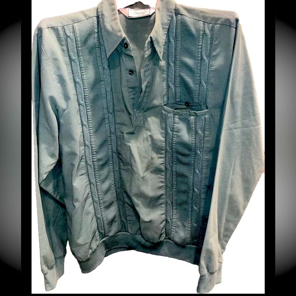 CLASSICS by Palmland GREEN cable knit COLLARED SHIRT Henley DAD GRANDPA VINTAGE - Picture 2 of 13